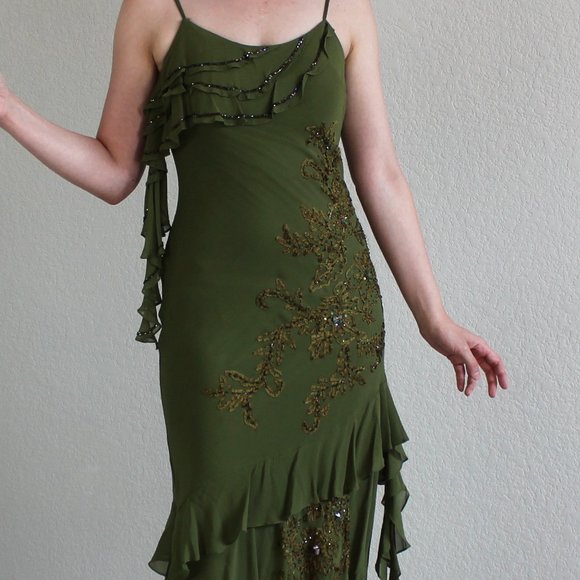 Olive green 100% silk beaded embroidered gown